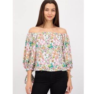 CeCe size small Women Off Shoulder Neck Balloon Sleeves Floral Print Top, Pink
